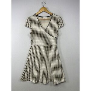 Retro Mod Alythea Womens Medium Cream Black Grid V-Neck‎ Fit & Flare Dress